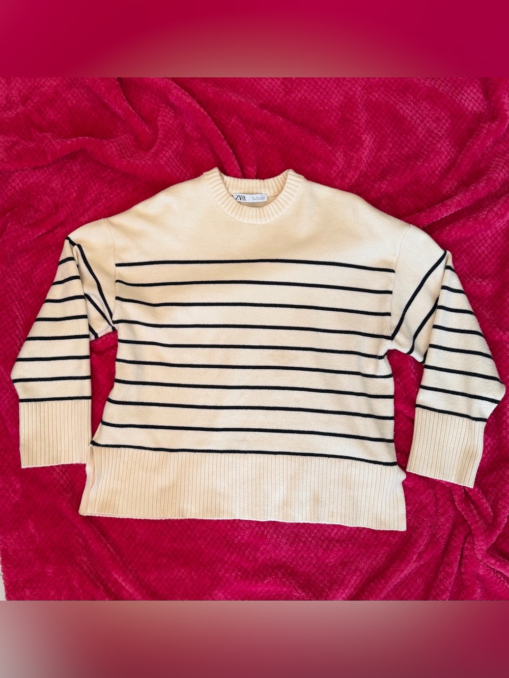 Zara-Women’s Cream Crewneck Sweater with Black Stripes